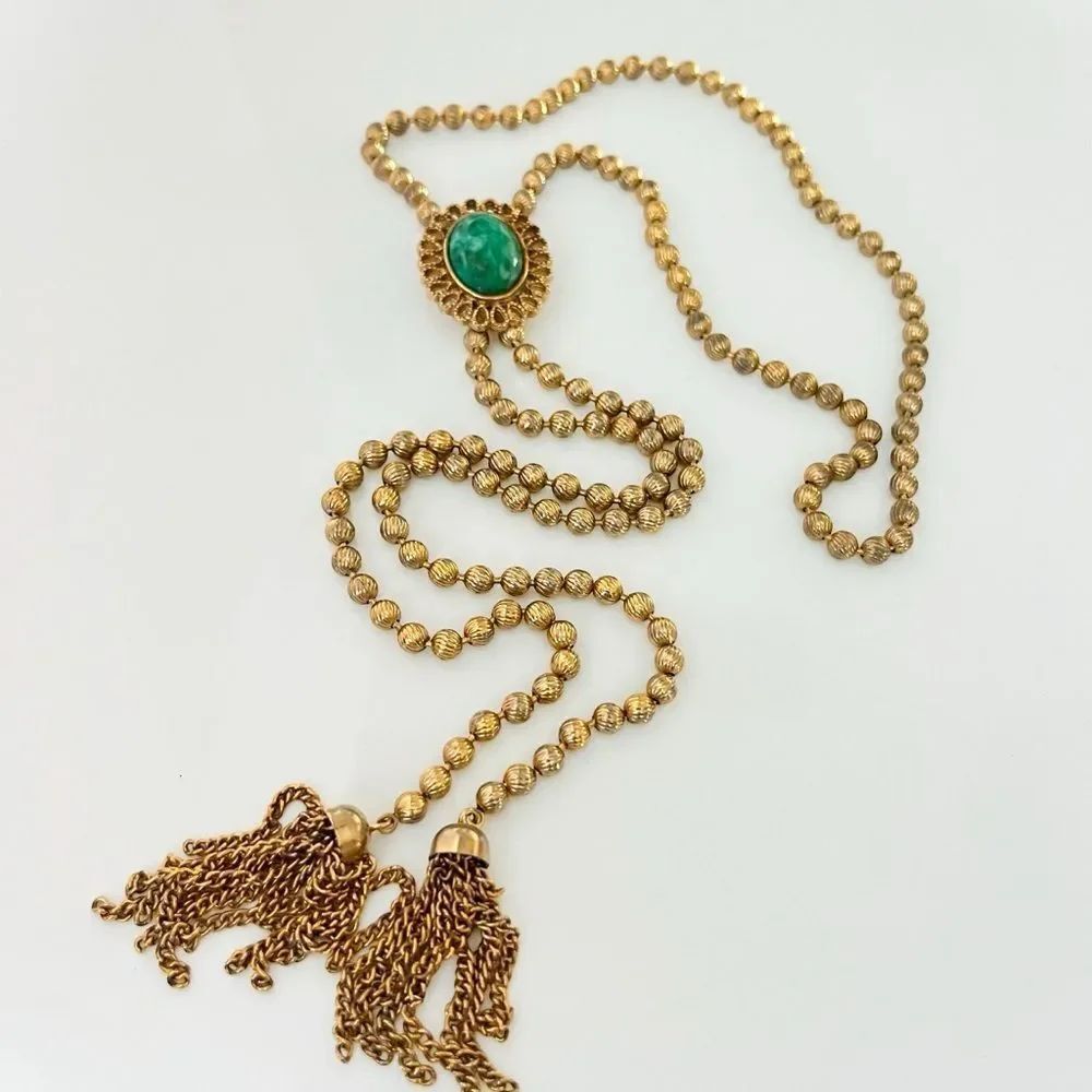 Vintage Juliana D&E For Avon Green Cabochon Gold Bead Bolero Tassel Necklace